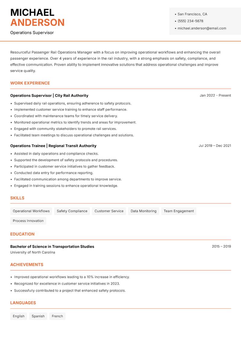 Passenger Rail Operations Manager resume template — Modern Professional
