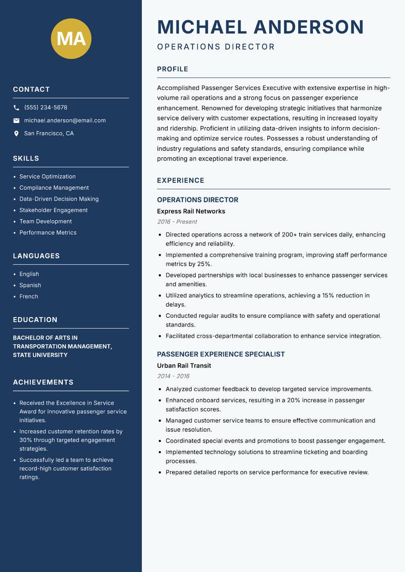 Passenger Services Executive Rail resume template — Classic Clean