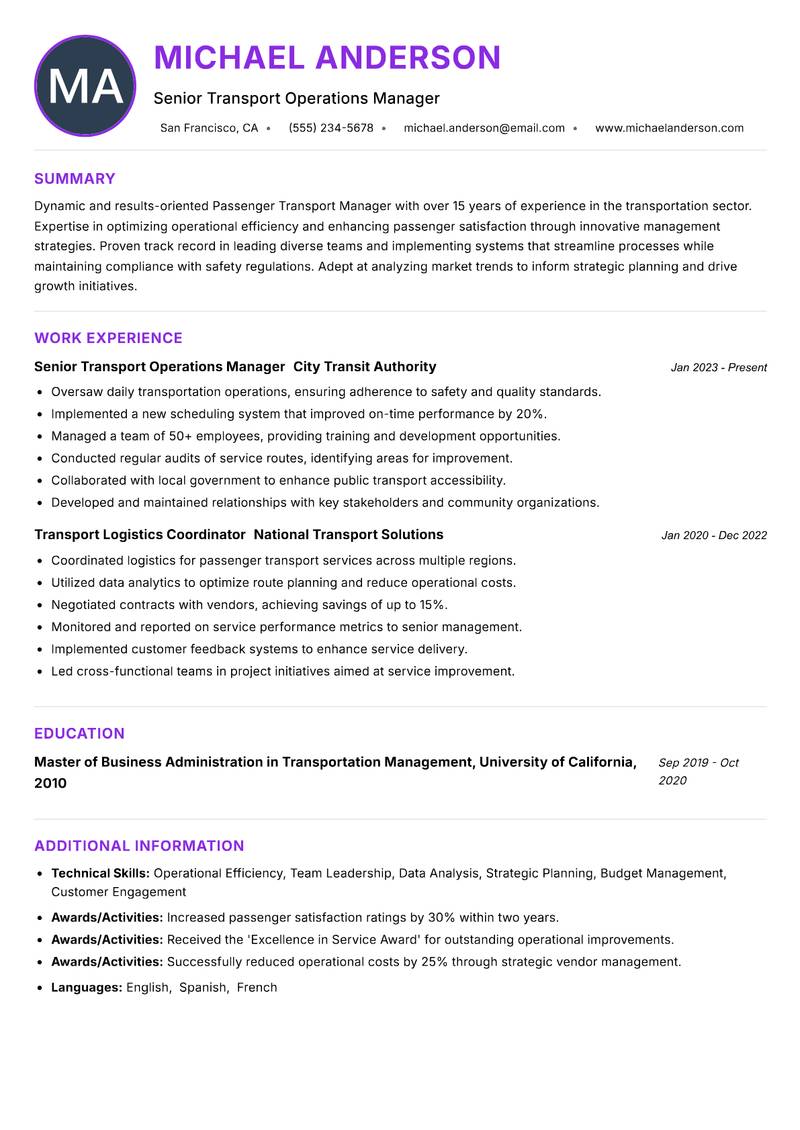 Passenger Transport Manager resume example — ATS-friendly template
