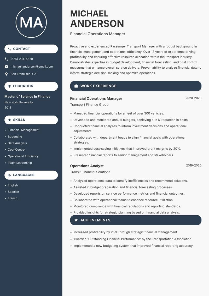 Passenger Transport Manager resume template — Compact