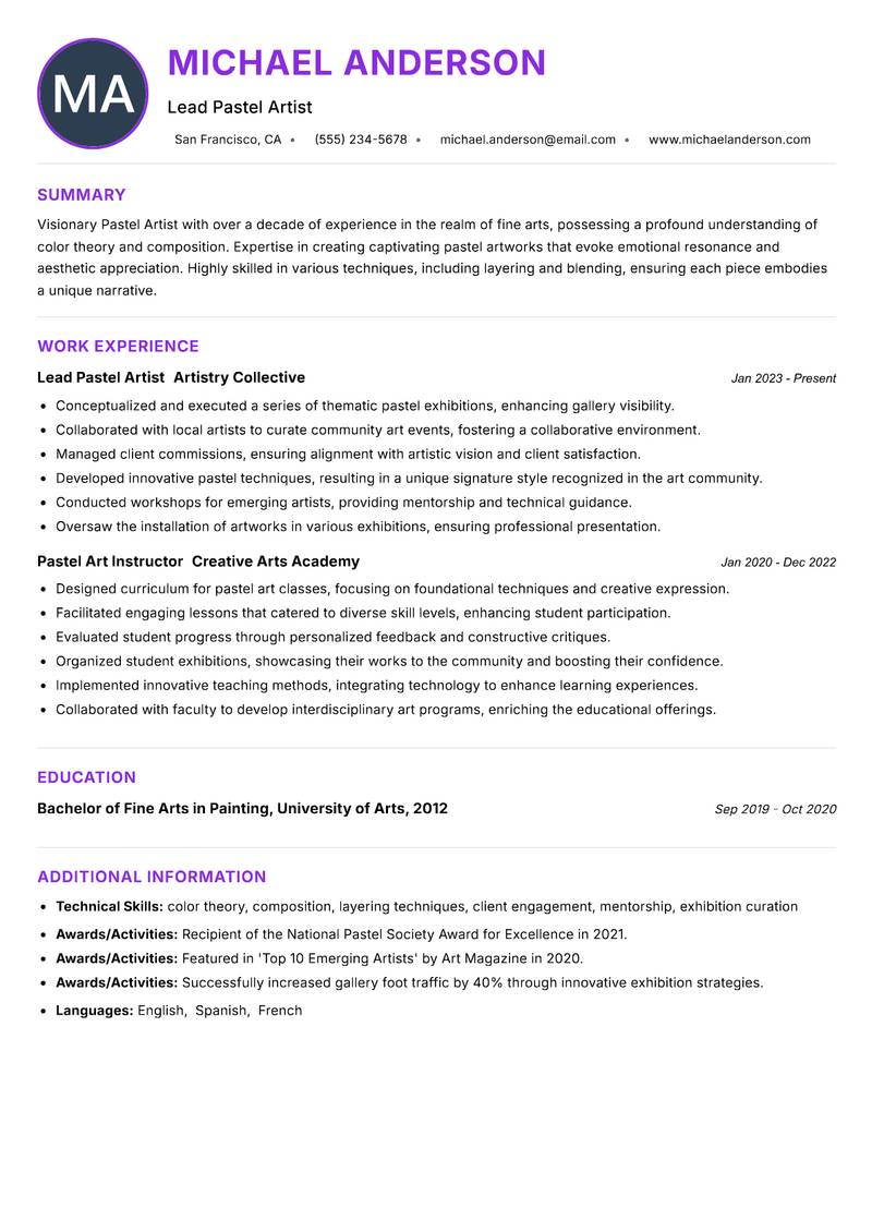 Pastel Artist resume example — ATS-friendly template
