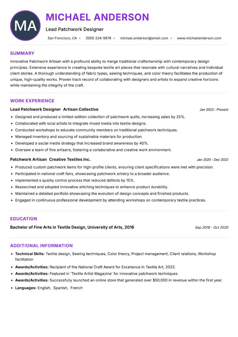 Patchwork Artisan resume example — ATS-friendly template