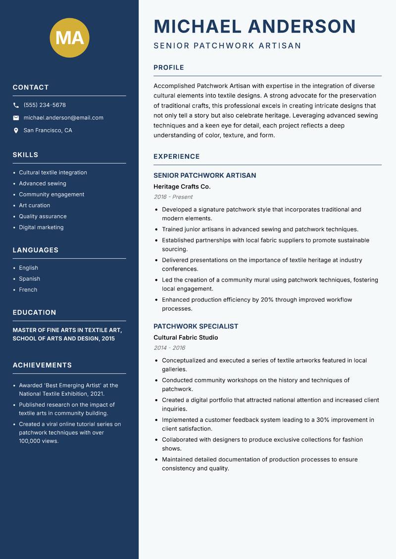 Patchwork Artisan resume template — Classic Clean