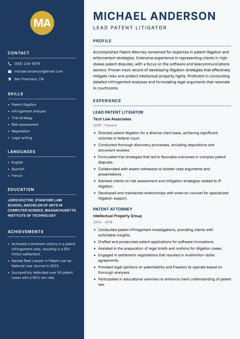 Patent Attorney resume template — Classic Clean