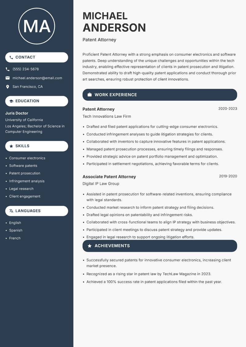 Patent Attorney resume template — Compact