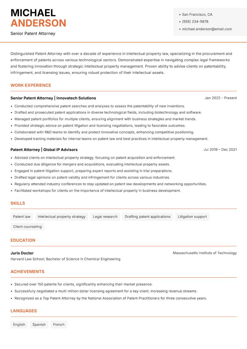 Patent Attorney resume template — Modern Professional