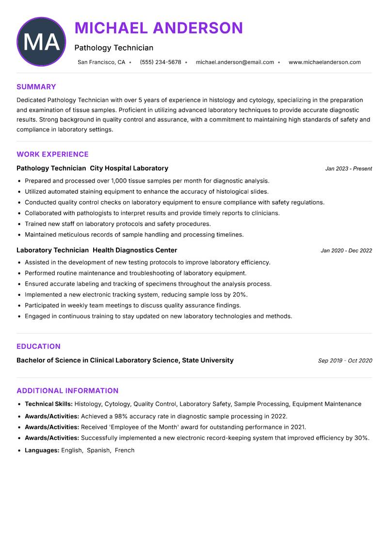 Pathology Technician resume example — ATS-friendly template