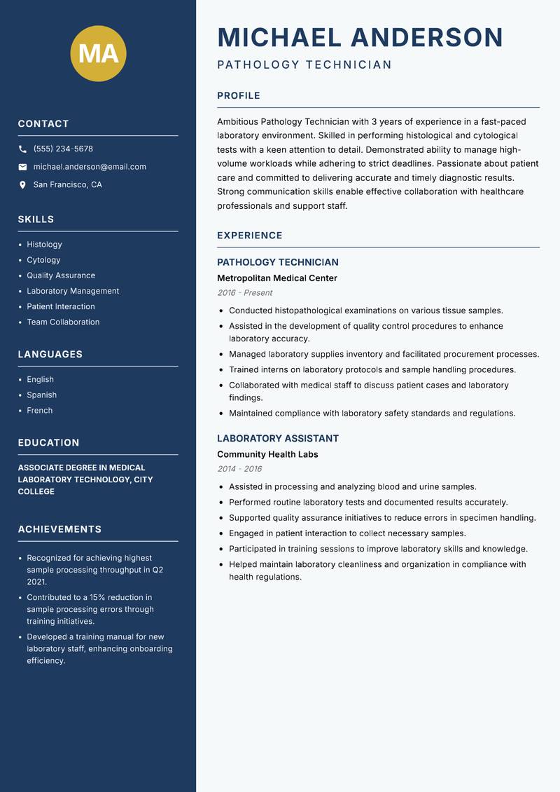 Pathology Technician resume template — Classic Clean