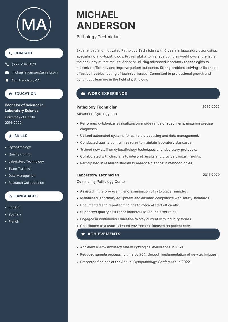 Pathology Technician resume template — Compact
