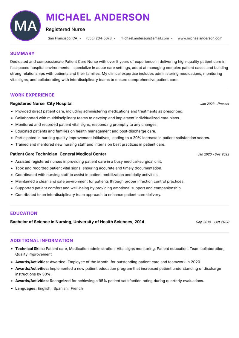 Patient Care Nurse resume example — ATS-friendly template