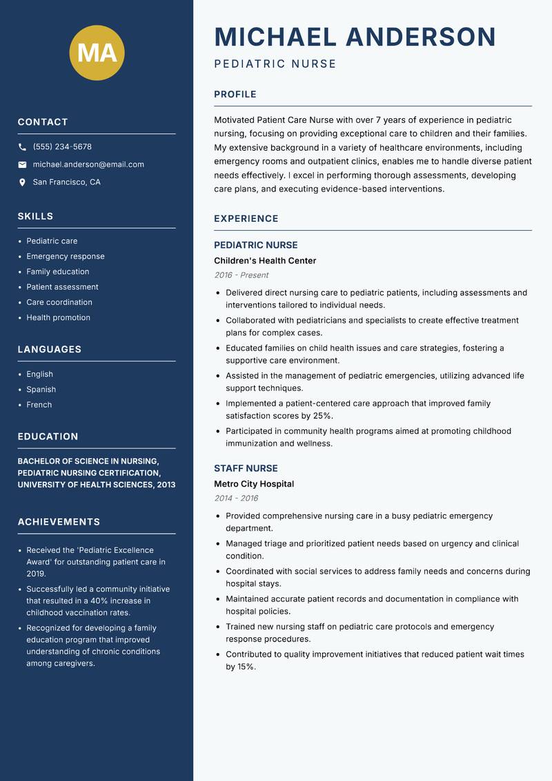 Patient Care Nurse resume template — Classic Clean