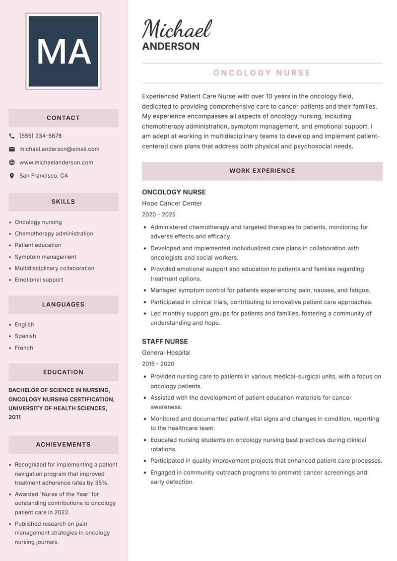 Patient Care Nurse resume template — Executive