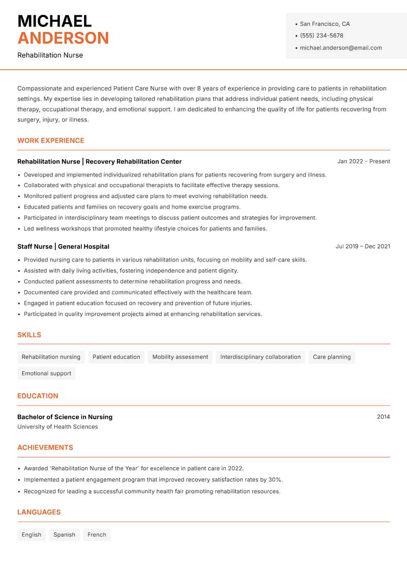 Patient Care Nurse resume template — Modern Professional