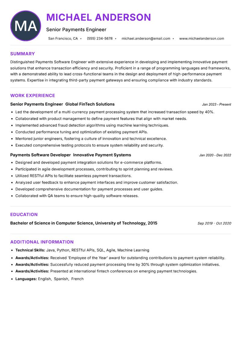 Payments Software Engineer resume example — ATS-friendly template