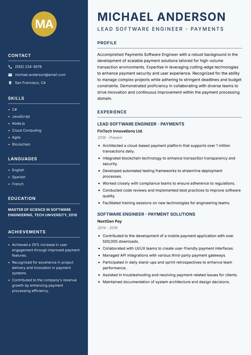 Payments Software Engineer resume template — Classic Clean