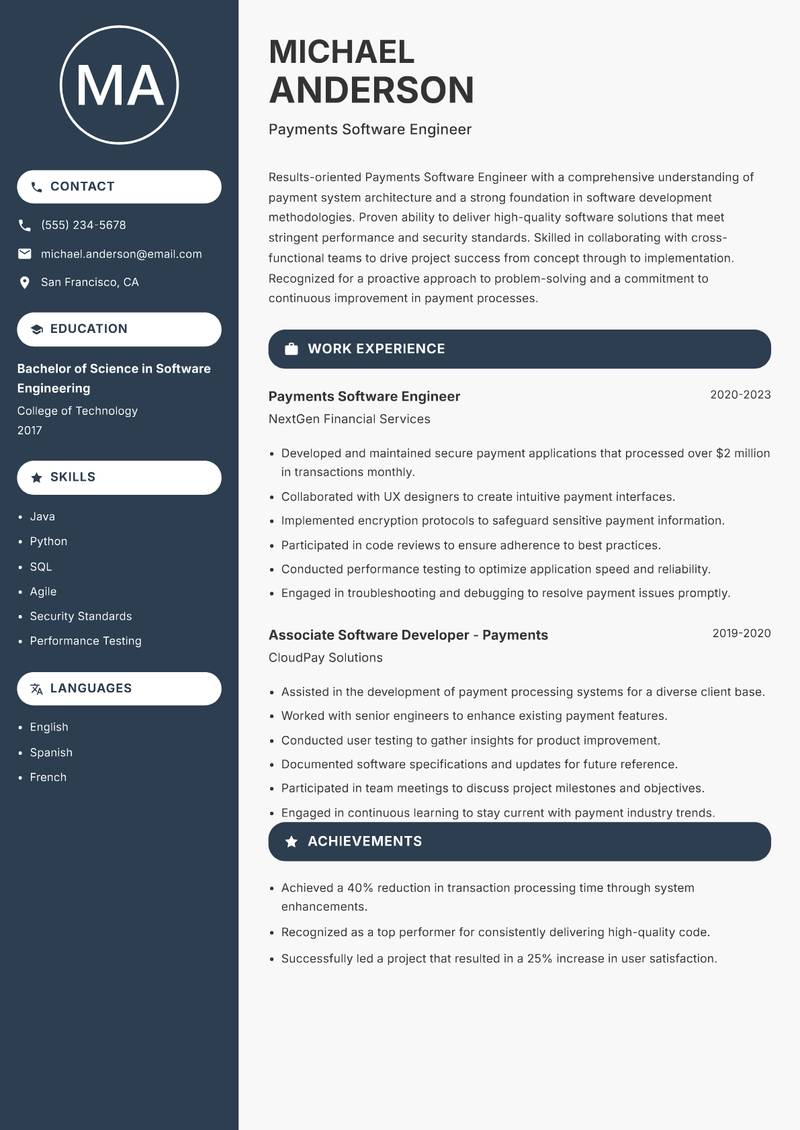 Payments Software Engineer resume template — Compact