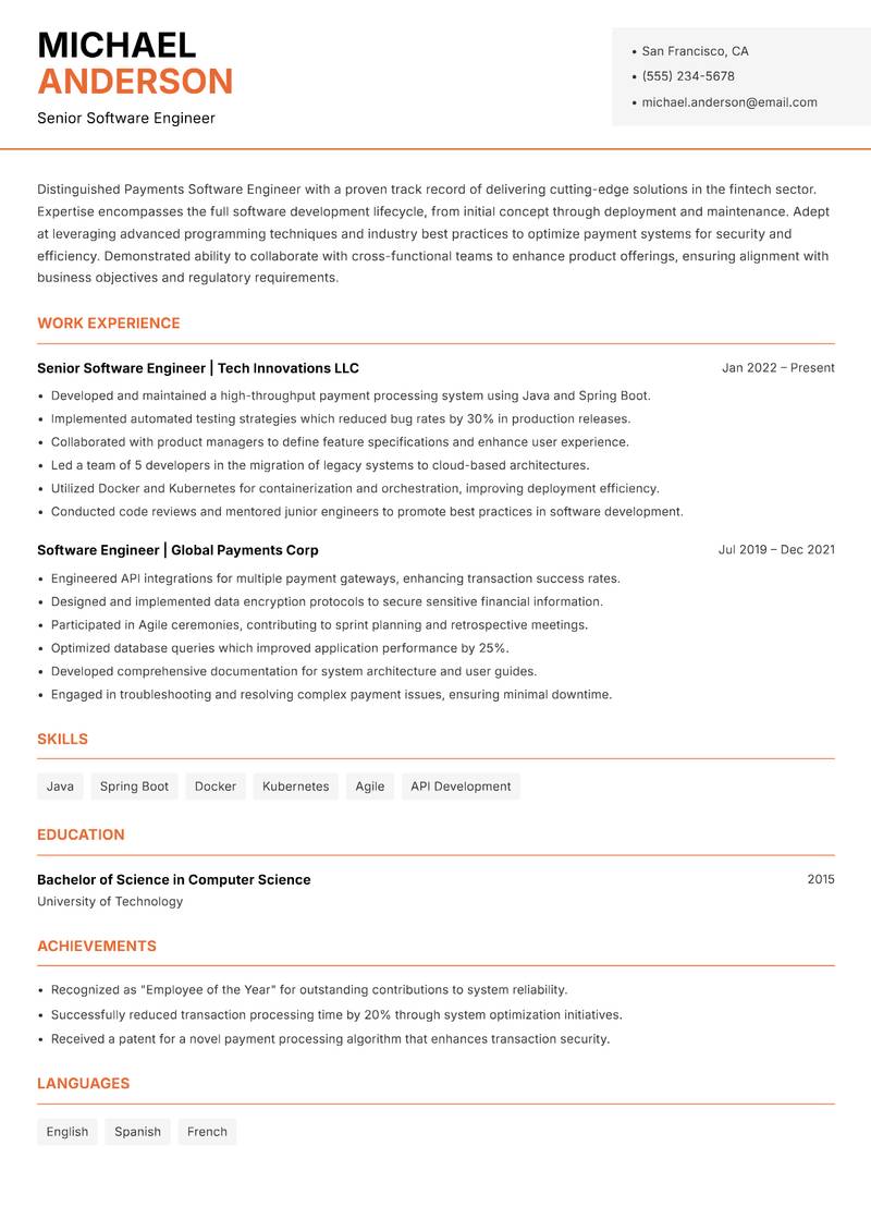 Payments Software Engineer resume template — Modern Professional