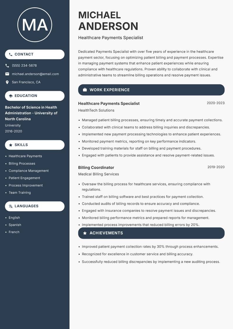 Payments Specialist resume template — Compact