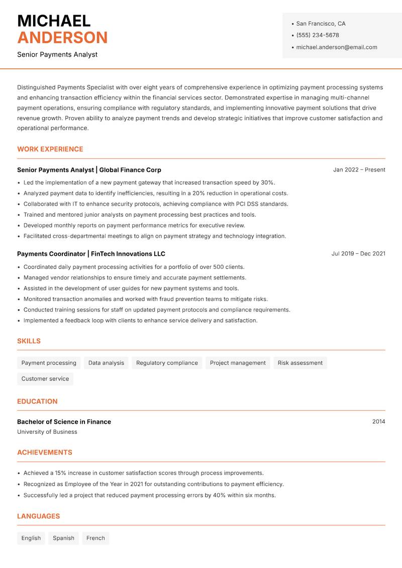 Payments Specialist resume template — Modern Professional
