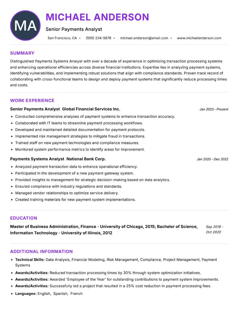 Payments Systems Analyst resume example — ATS-friendly template