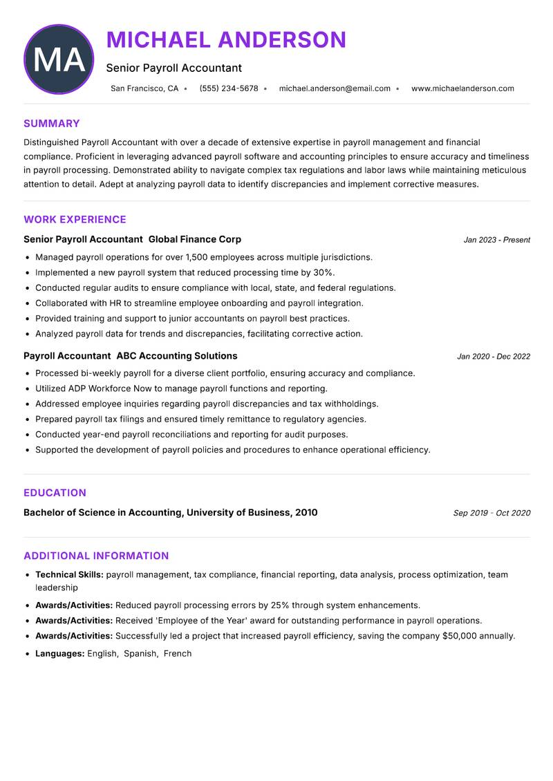 Payroll Accountant resume example — ATS-friendly template