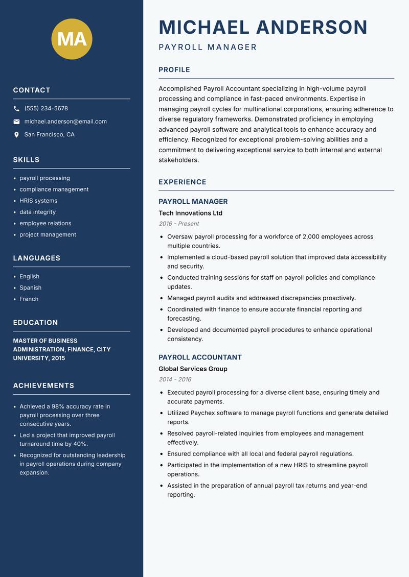 Payroll Accountant resume template — Classic Clean