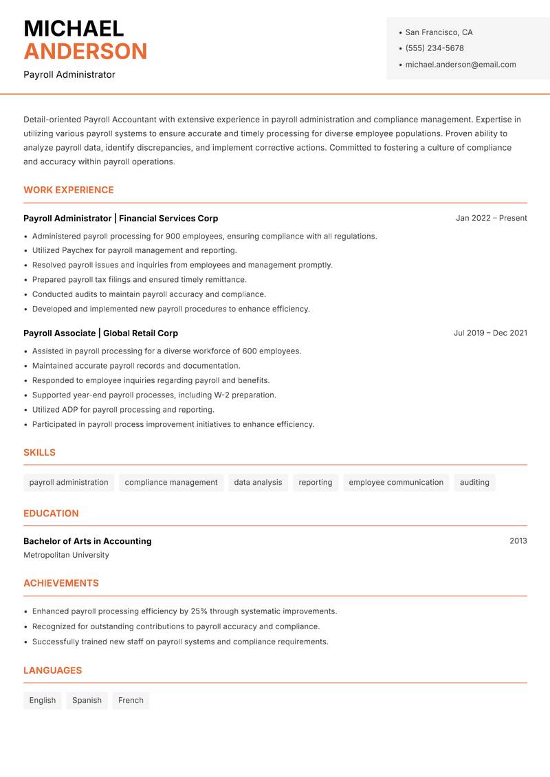 Payroll Accountant resume template — Modern Professional