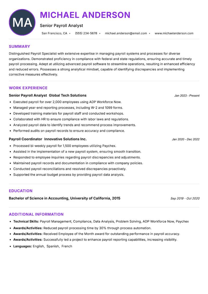 Payroll Specialist resume example — ATS-friendly template