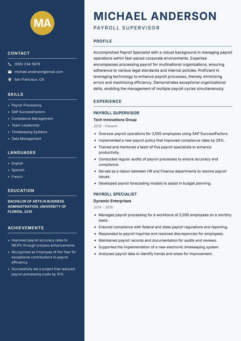 Payroll Specialist resume template — Classic Clean