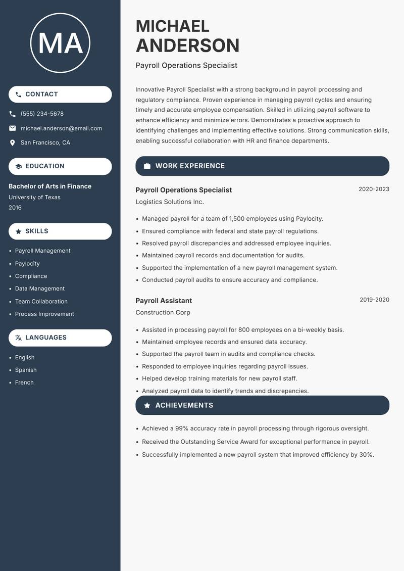 Payroll Specialist resume template — Compact