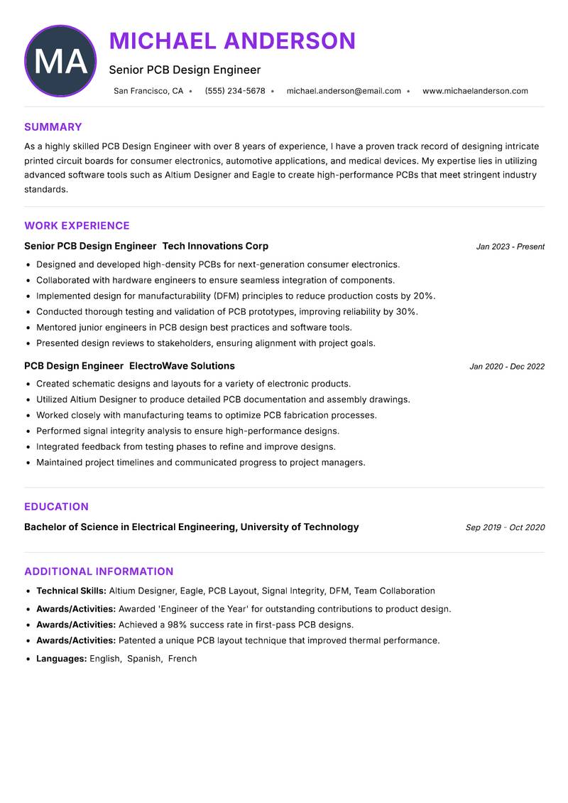 PCB Design Engineer resume example — ATS-friendly template