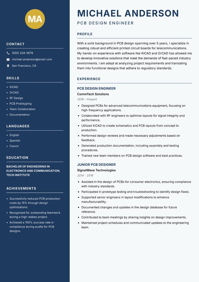 PCB Design Engineer resume template — Classic Clean