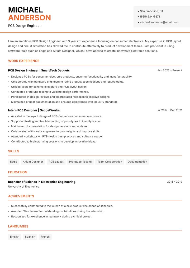 PCB Design Engineer resume template — Modern Professional