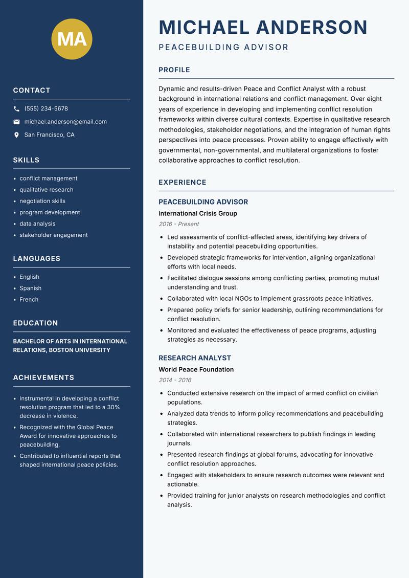 Peace and Conflict Analyst resume template — Classic Clean