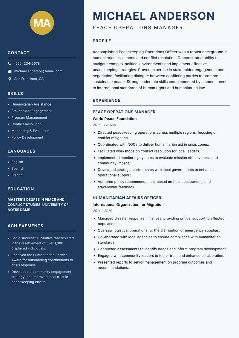 Peacekeeping Operations Officer resume template — Classic Clean