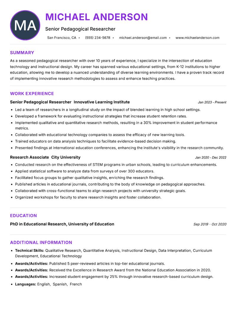 Pedagogical Researcher resume example — ATS-friendly template