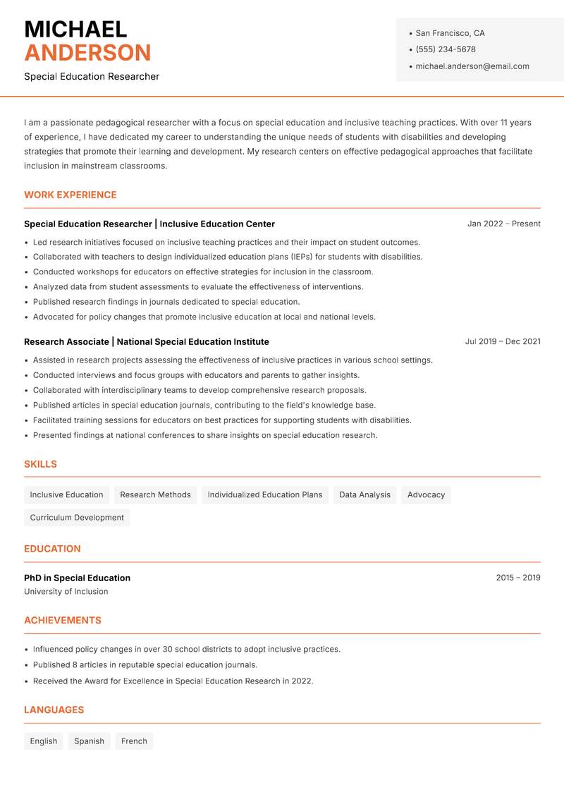 Pedagogical Researcher resume template — Modern Professional