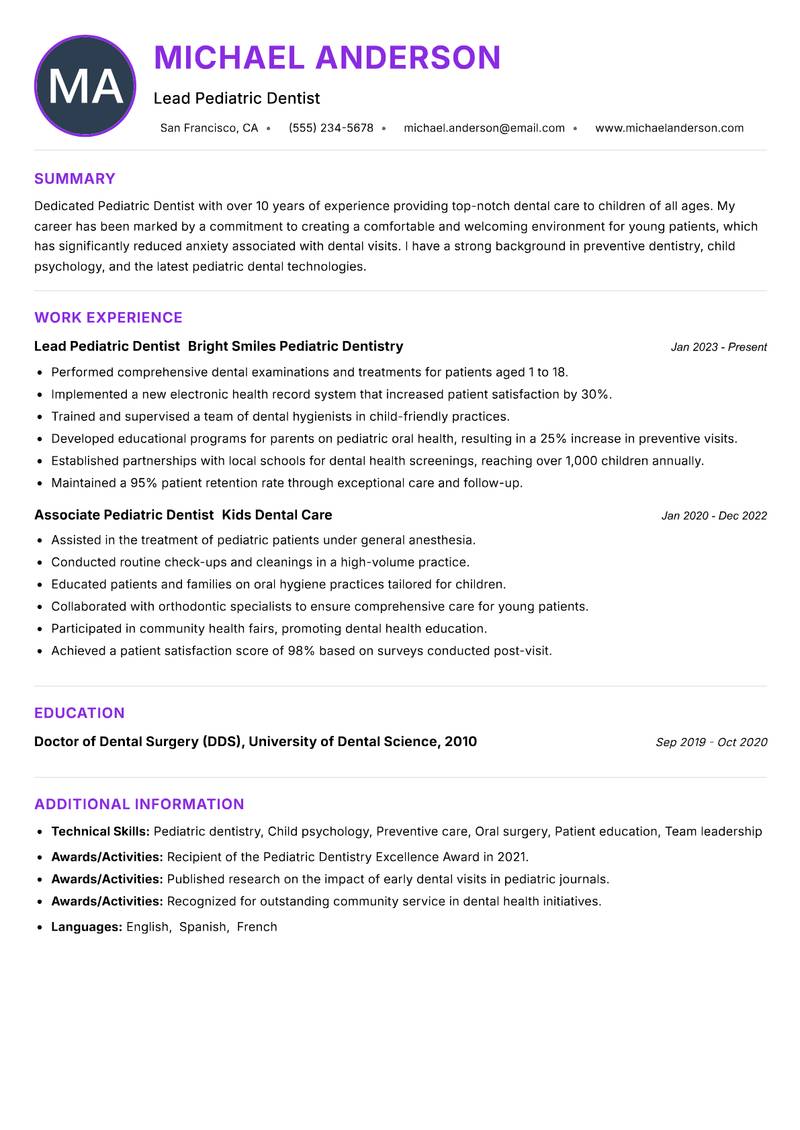 Pediatric Dentist resume example — ATS-friendly template