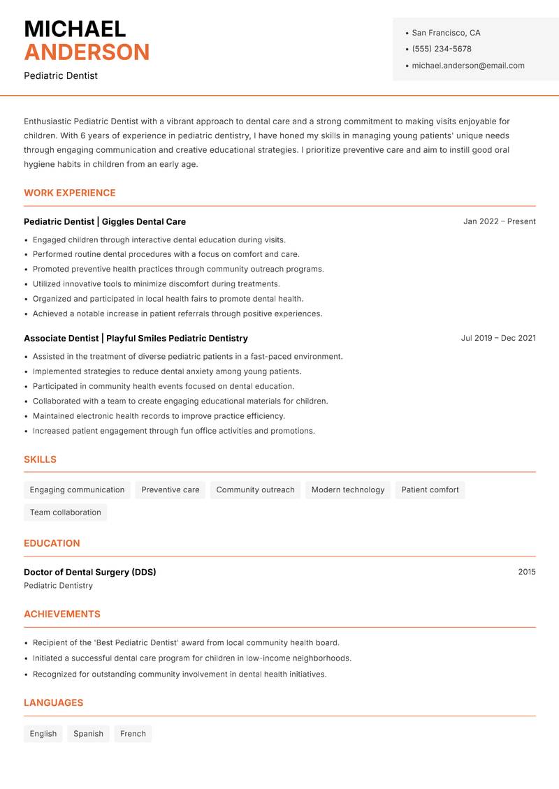 Pediatric Dentist resume template — Modern Professional