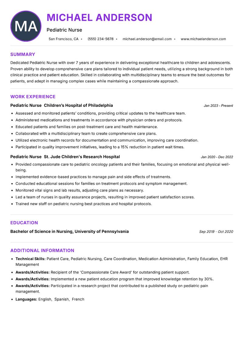 Pediatric Nurse resume example — ATS-friendly template