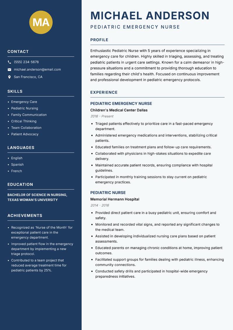 Pediatric Nurse resume template — Classic Clean