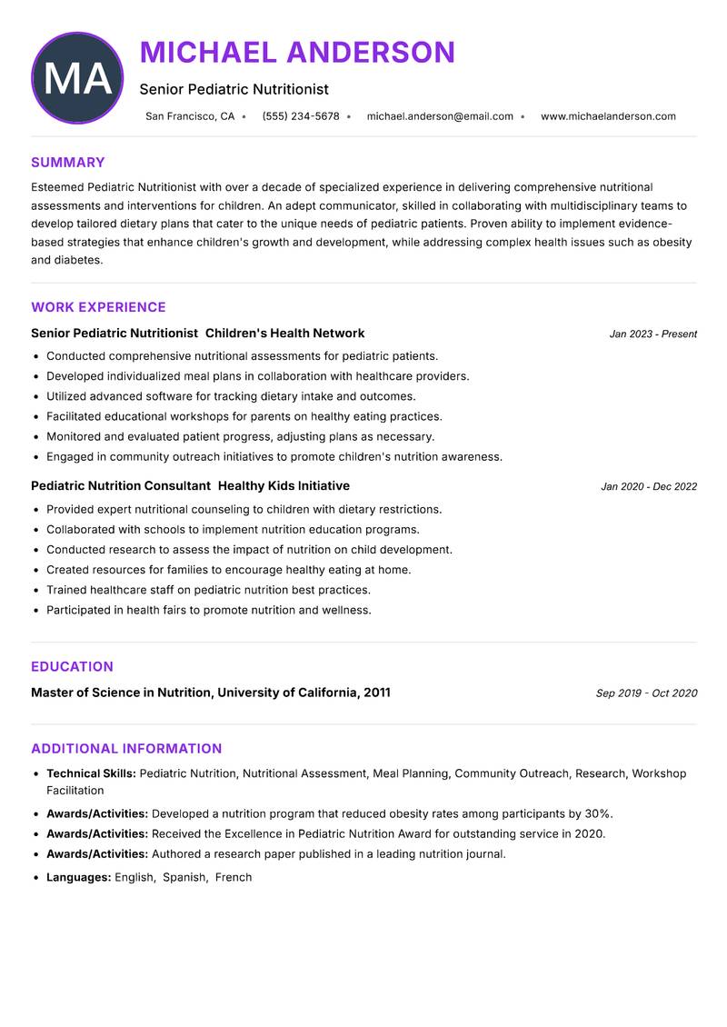 Pediatric Nutritionist resume example — ATS-friendly template