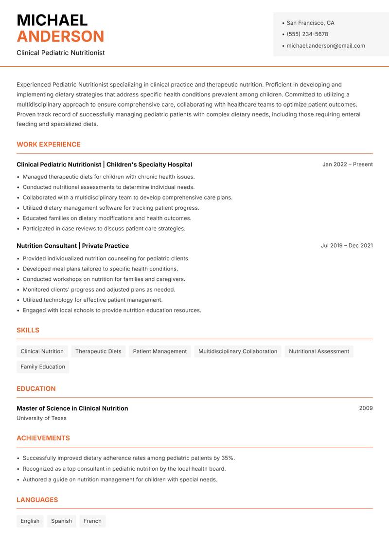 Pediatric Nutritionist resume template — Modern Professional