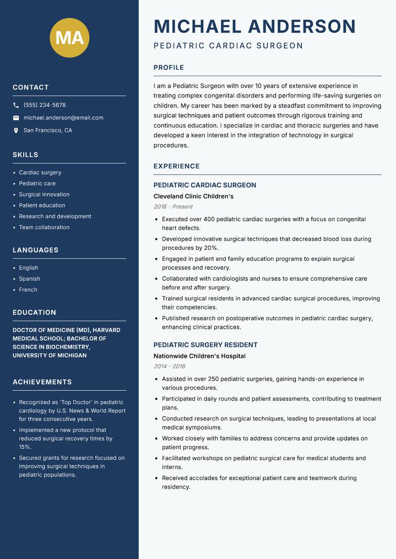 Pediatric Surgeon resume template — Classic Clean