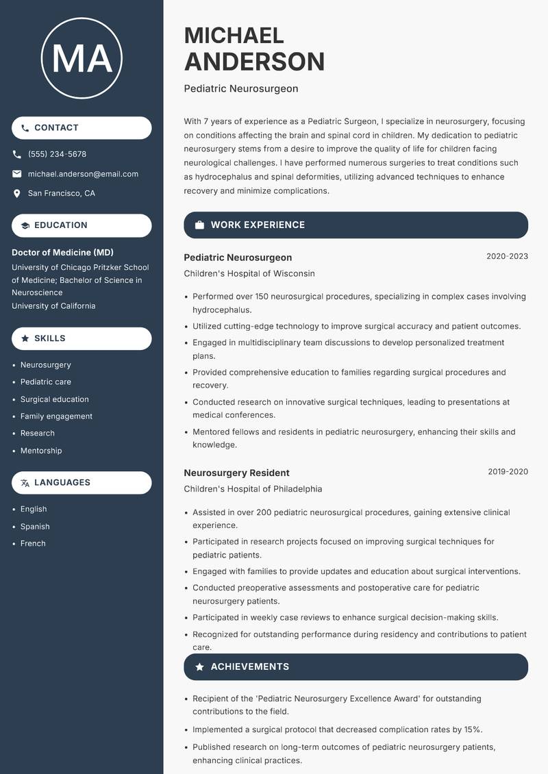 Pediatric Surgeon resume template — Compact