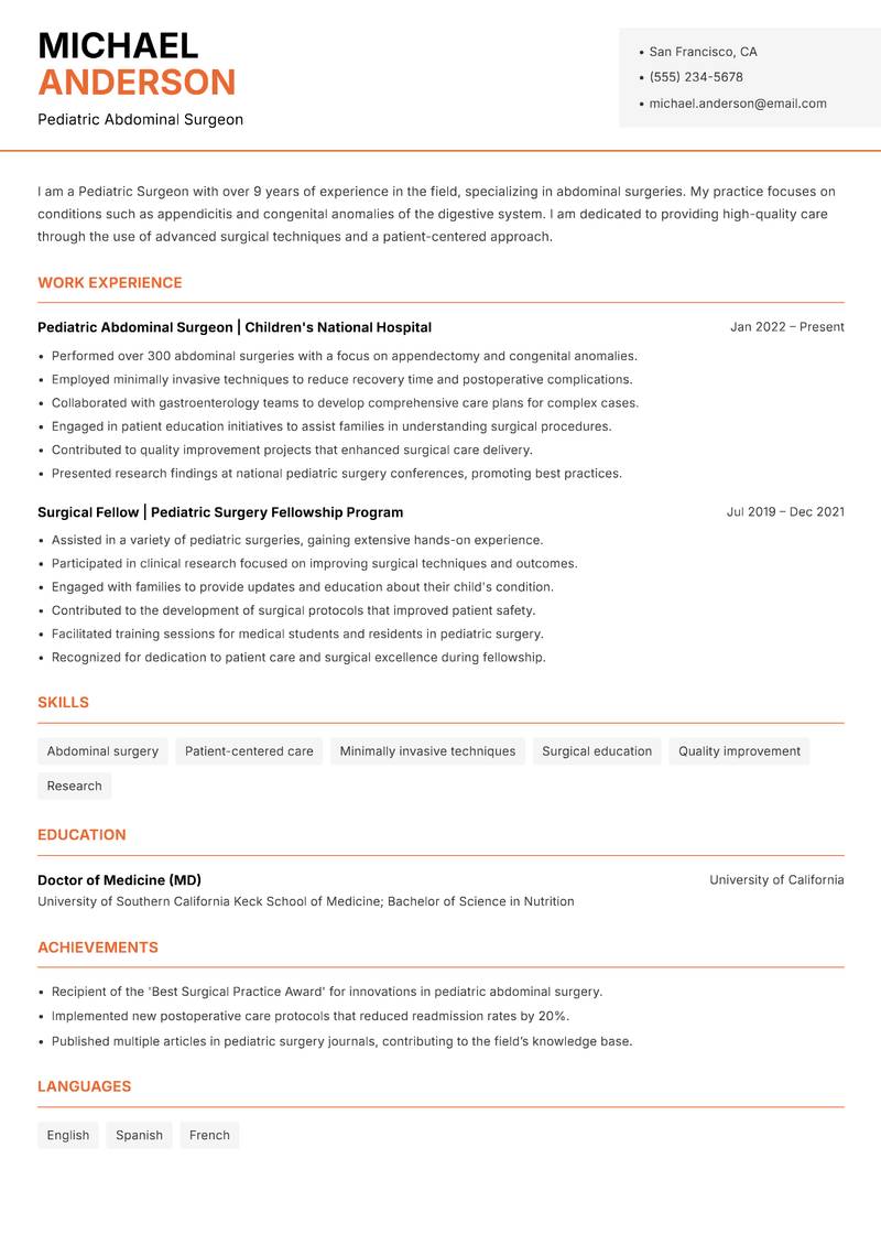 Pediatric Surgeon resume template — Modern Professional