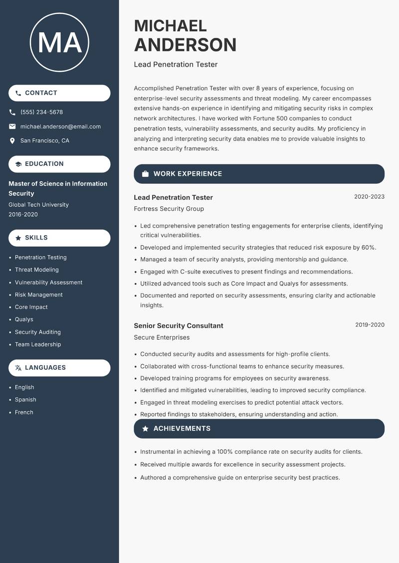 Penetration Tester resume template — Compact
