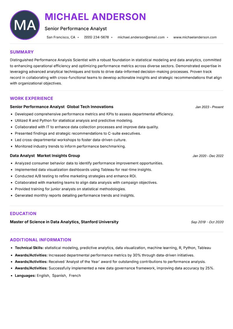 Performance Analysis Scientist resume example — ATS-friendly template
