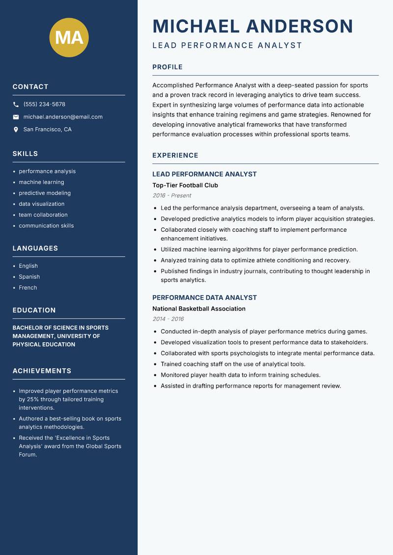 Performance Analyst Sports resume template — Classic Clean