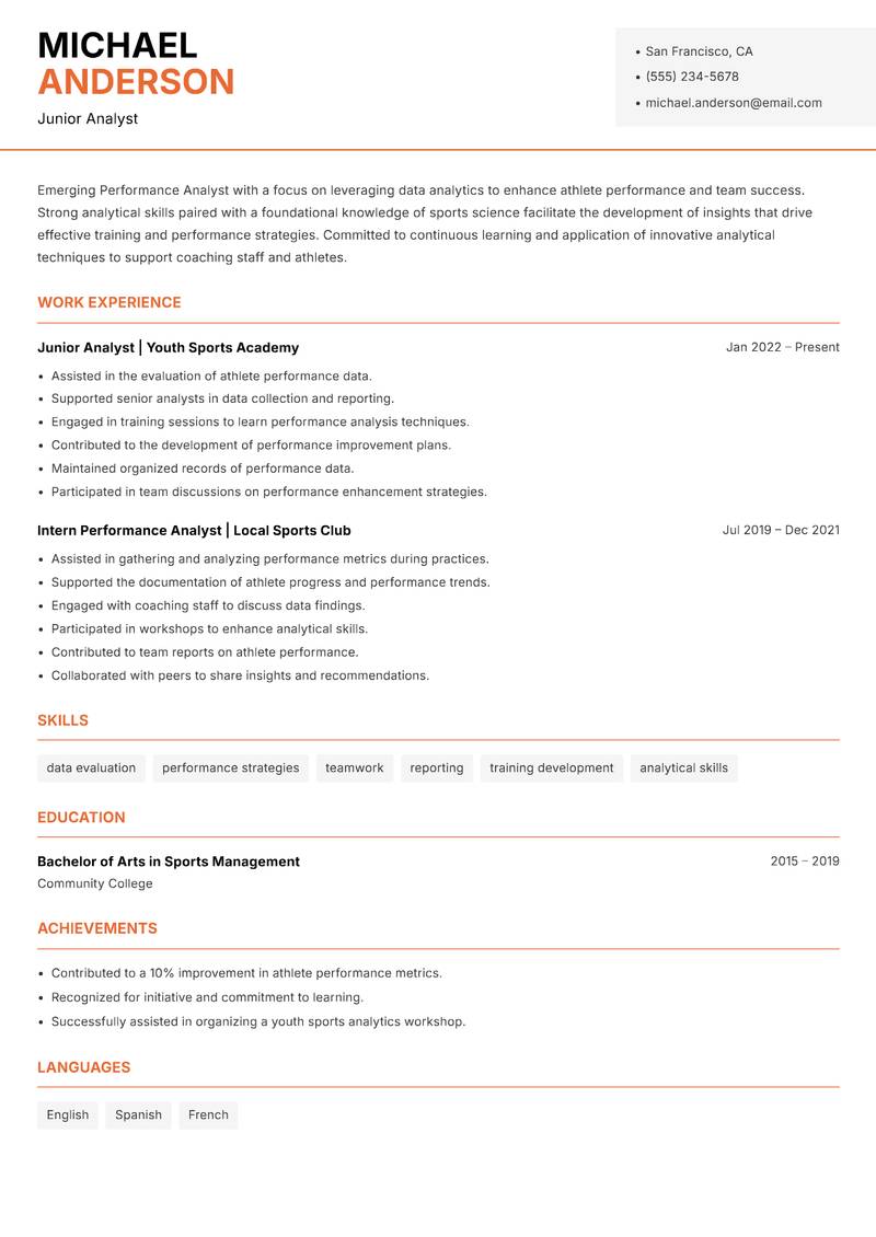Performance Analyst Sports resume template — Modern Professional